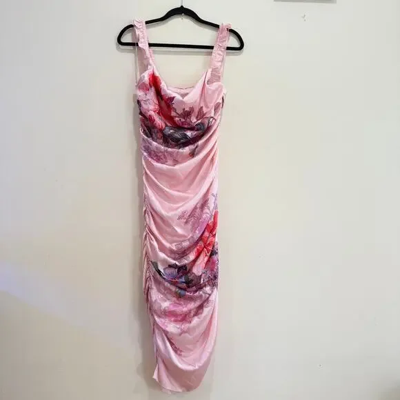 BHLDN Callie Sleeveless Ruched Printed Charmeuse Midi Dress Size US M - Picture 7 of 9